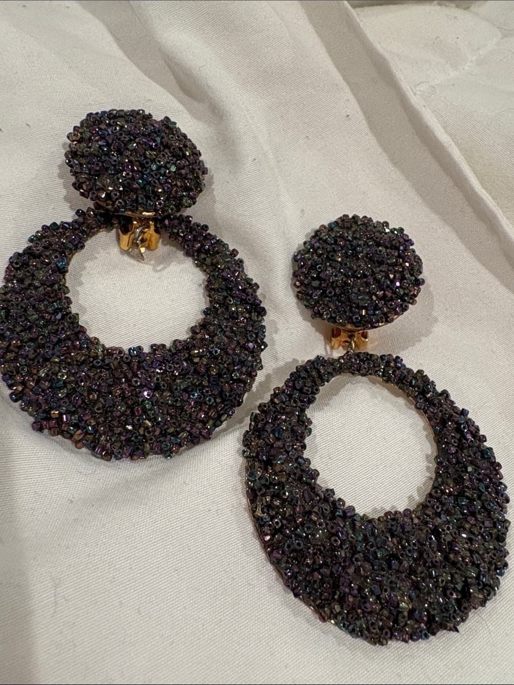Beaded Iridescent Beaded purple/ blue/ black Sparkling Hoop Drop Earrings - Clip